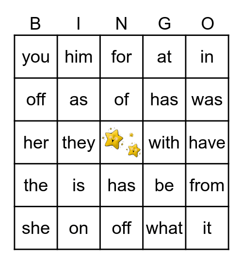 First 100 (first column) Frye Words Bingo Card