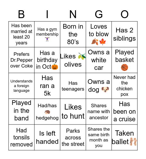 Go find that team member!! Bingo Card