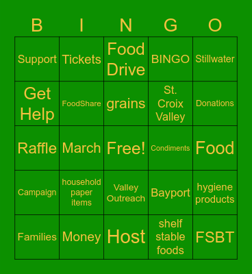 Valley Outreach Food Drive Bingo Card