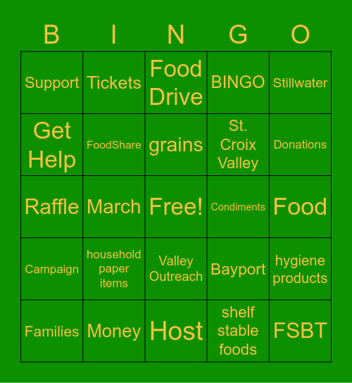 Valley Outreach Food Drive Bingo Card