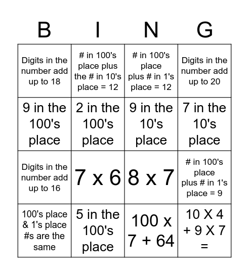 3rd Grade Number Bingo Card