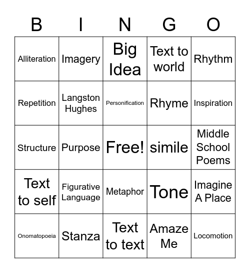 Poetry Bingo Card