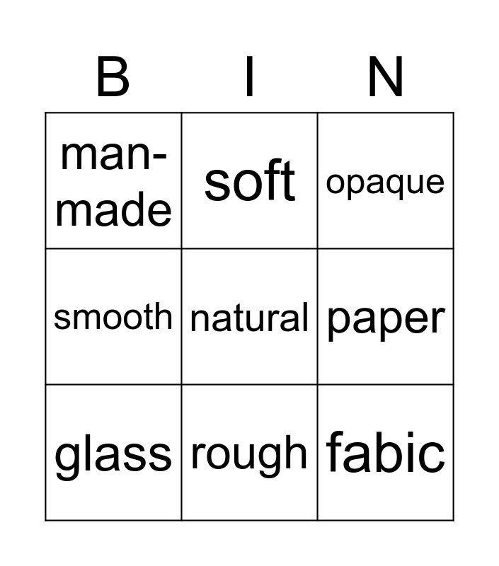Everyday Materials Vocab Starter Bingo Card