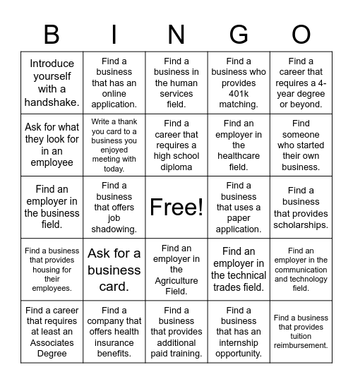 KBR Career Fair Bingo Card