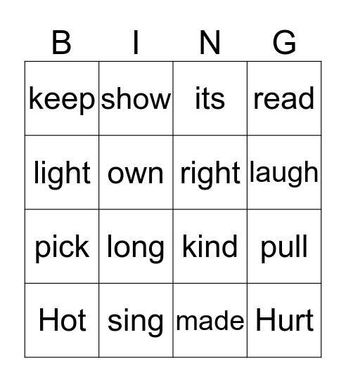 Spelling Words Bingo Card