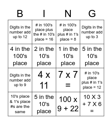 3rd Grade Number Bingo Card