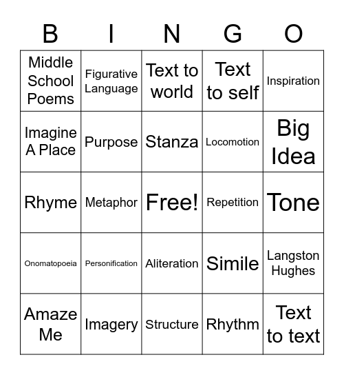 Poetry Bingo Card