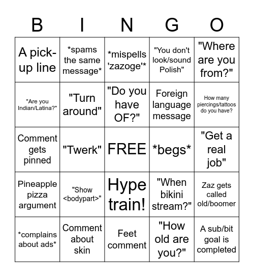 ZAZ BINGO - EXTRA ENTERTAINMENT DURING STREAM Bingo Card