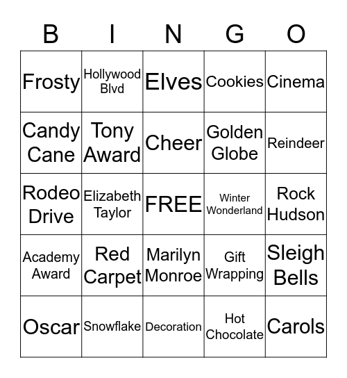 Hollywood Holiday Bingo Card