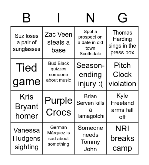 Rockies Spring Training Bingo Card