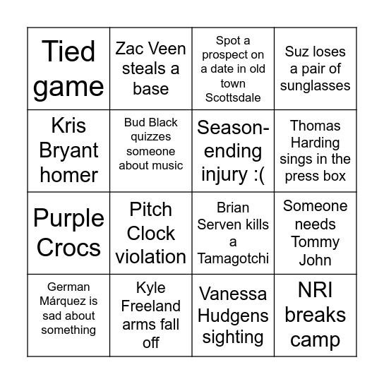 Rockies Spring Training Bingo Card
