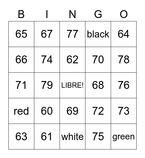 Les numéros 60 à 79 Bingo Card