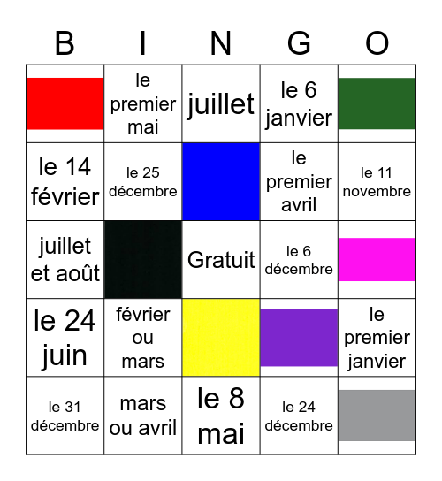 Les couleurs et les fêtes Bingo Card