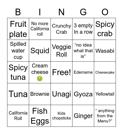 Conveyor Belt Sushi Bingo Card