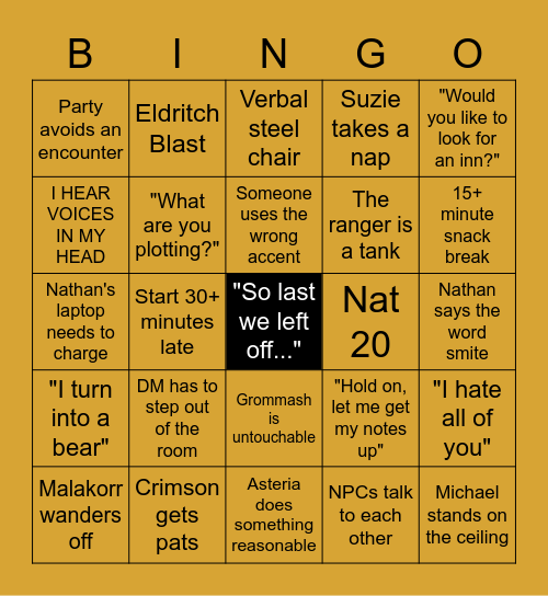 Edge of Reality Bingo Card