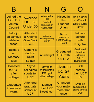 UCF DC ALUMNI NETWORKING KNIGHT BINGO Card