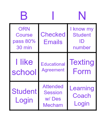 Orientation Tasks Bingo Card