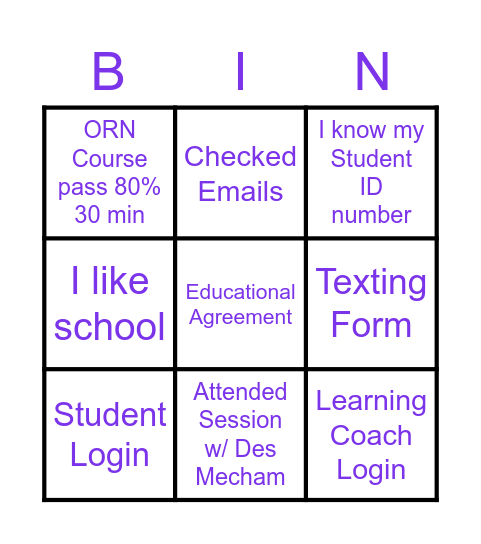 Orientation Tasks Bingo Card