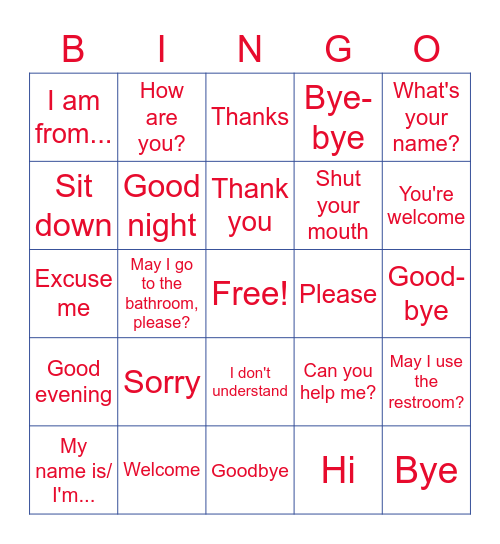 Useful Expressions Bingo Card