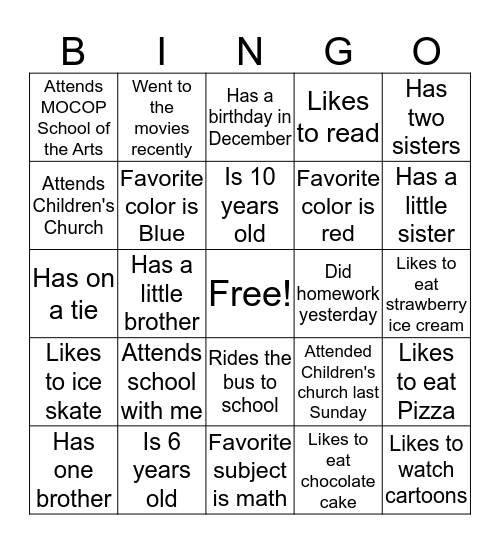 My Church Family Bingo Card