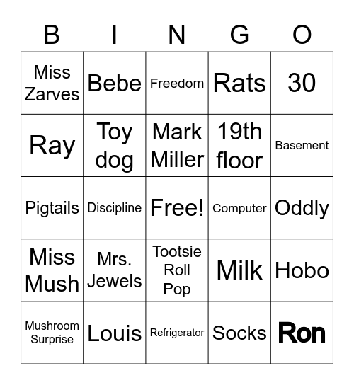 Wayside School Bingo Card