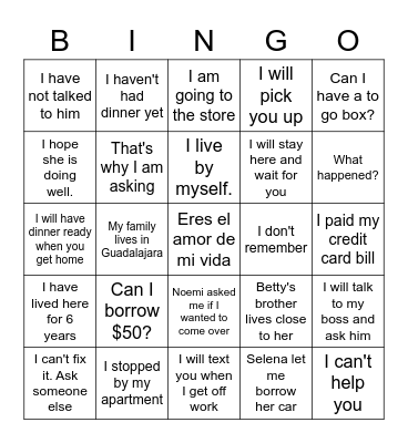 English Verbs Bingo Card