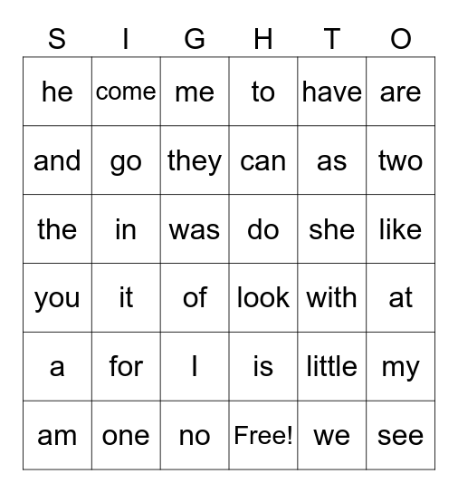 Sight Word Bingo Card