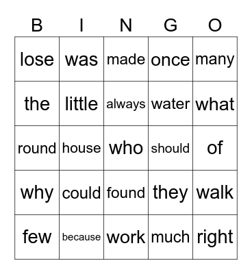 Sight words Bingo Card