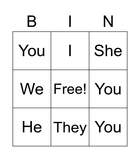 Subject Bingo Card