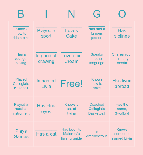 First Day Bingo Card