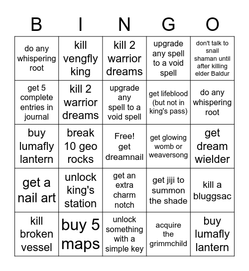 Hollow Knight Bingo Card