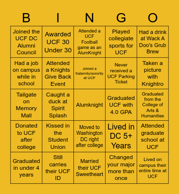 UCF DC ALUMNI NETWORKING KNIGHT BINGO Card