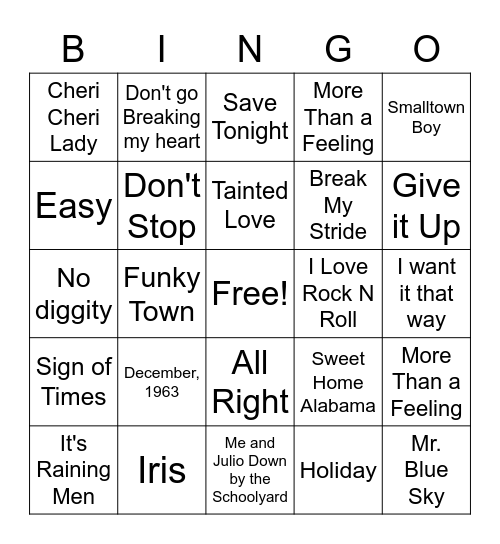 Bingo Mix 70s/80s/90s Bingo Card