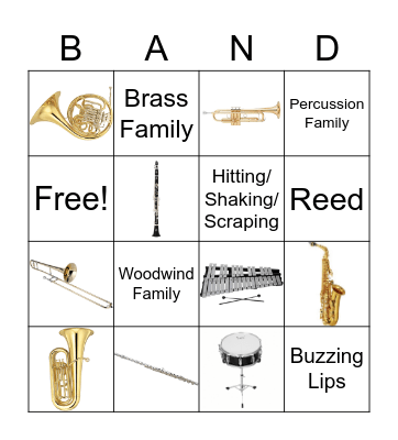 Band Instrument Bingo Card