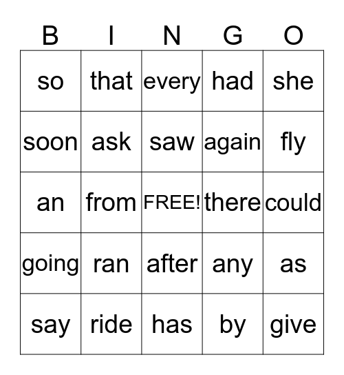 Dolch Sight Word Bingo Card
