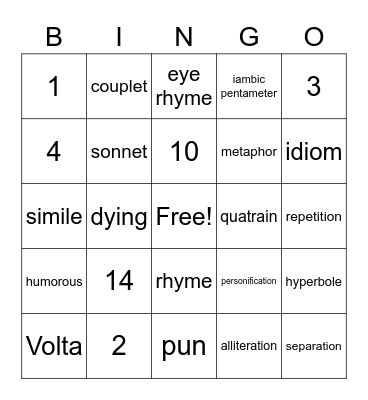 Shakespearean Sonnet Bingo Card