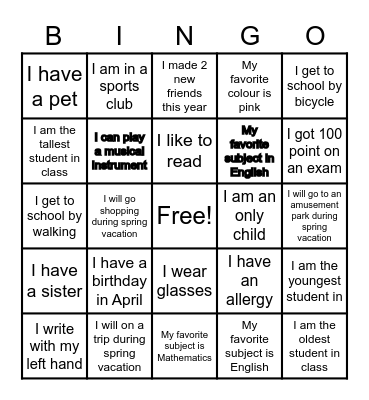 End of the Year Classmates Bingo Card