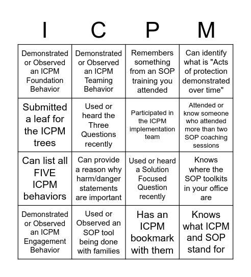 ICPM Bingo Card