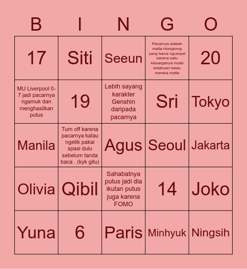 Han Jisung main sama bang Qibil! Bingo Card
