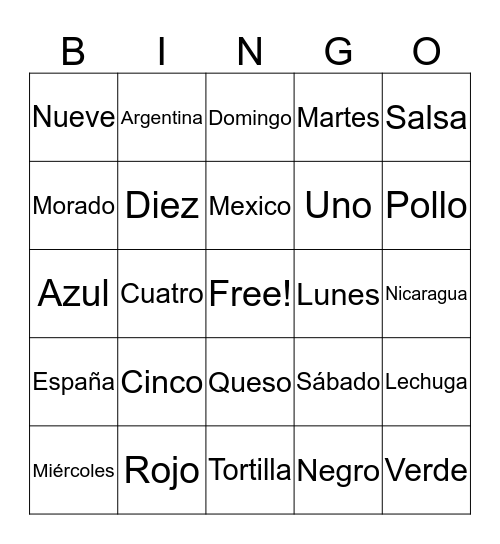 Bingo de Español Bingo Card