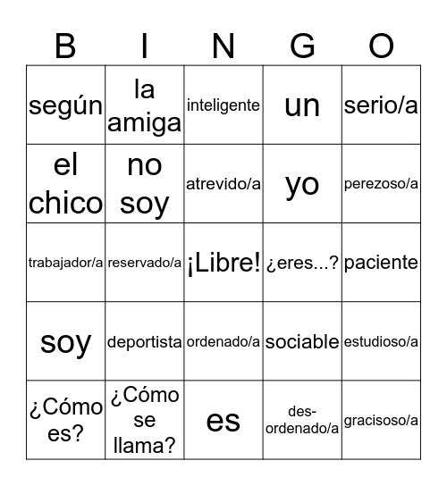 Spanish Adjectives  Bingo Card