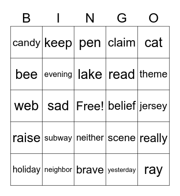 Vowel sounds Bingo Card