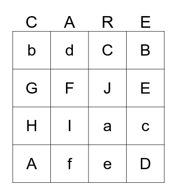 Letters A-J Bingo Card