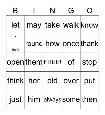 Dolch Sight Word Bingo Card