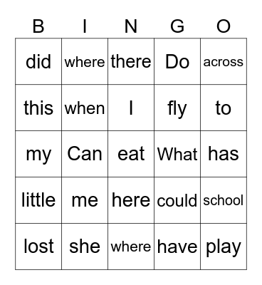 Sight Words Bingo Card