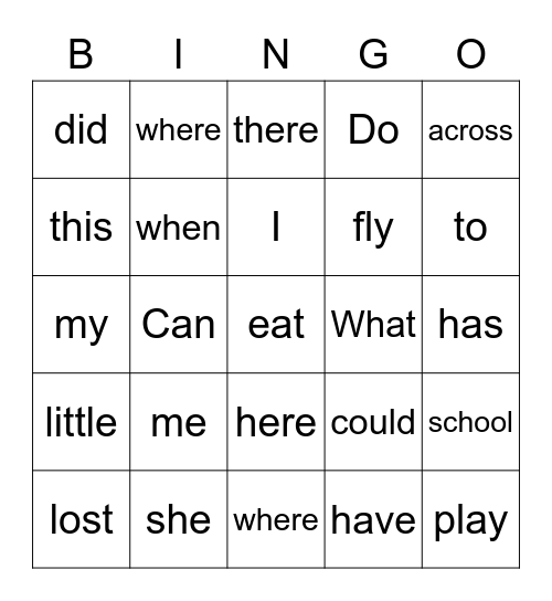 Sight Words Bingo Card