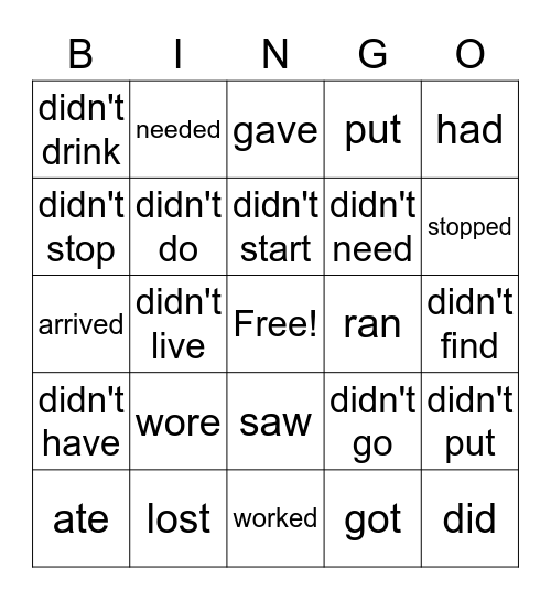 Irregular Verbs Bingo Card