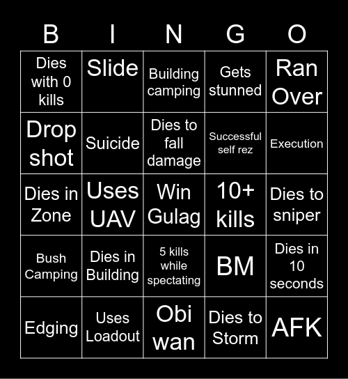 Warzone Bingo Card