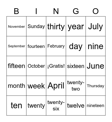 Spanish Dates Bingo Card