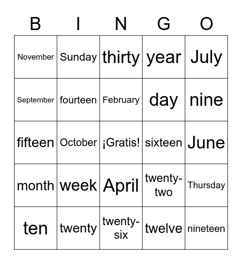 Spanish Dates Bingo Card